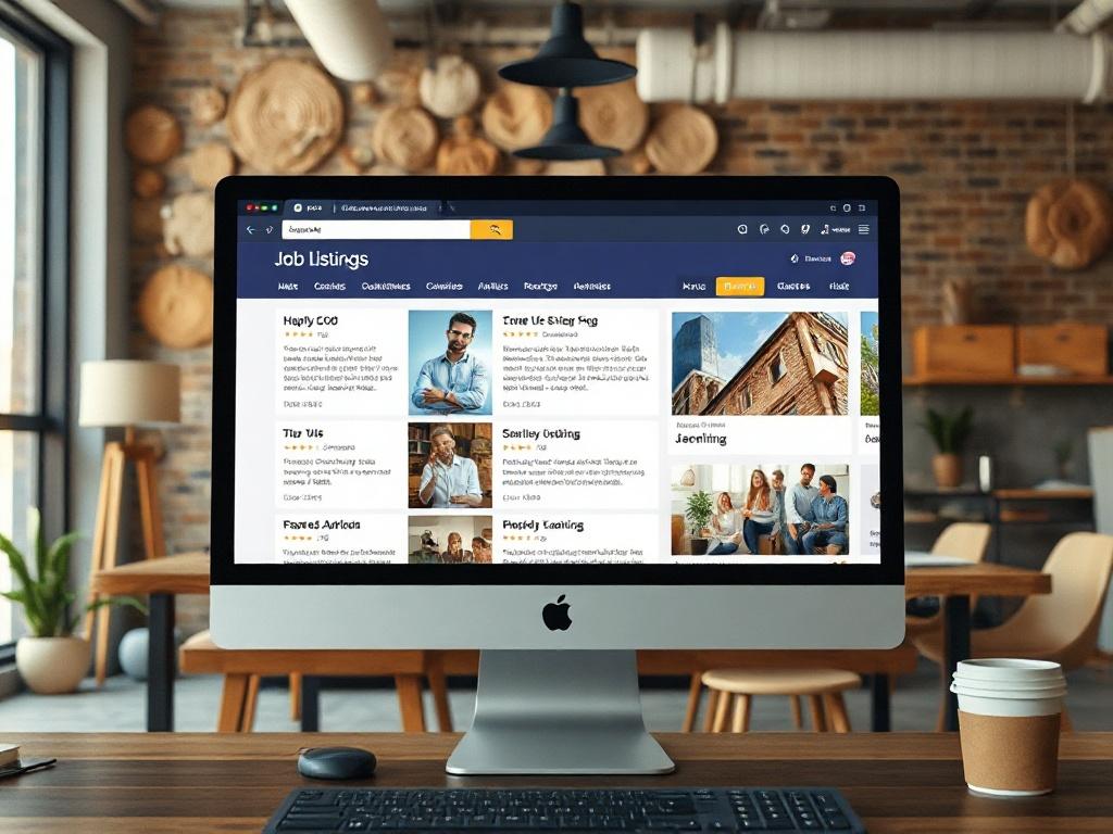 A visually engaging overview of various job listings displayed on a computer screen, set in a modern office environment. The background should feature earthy textures and colors to create an inviting and professional atmosphere.