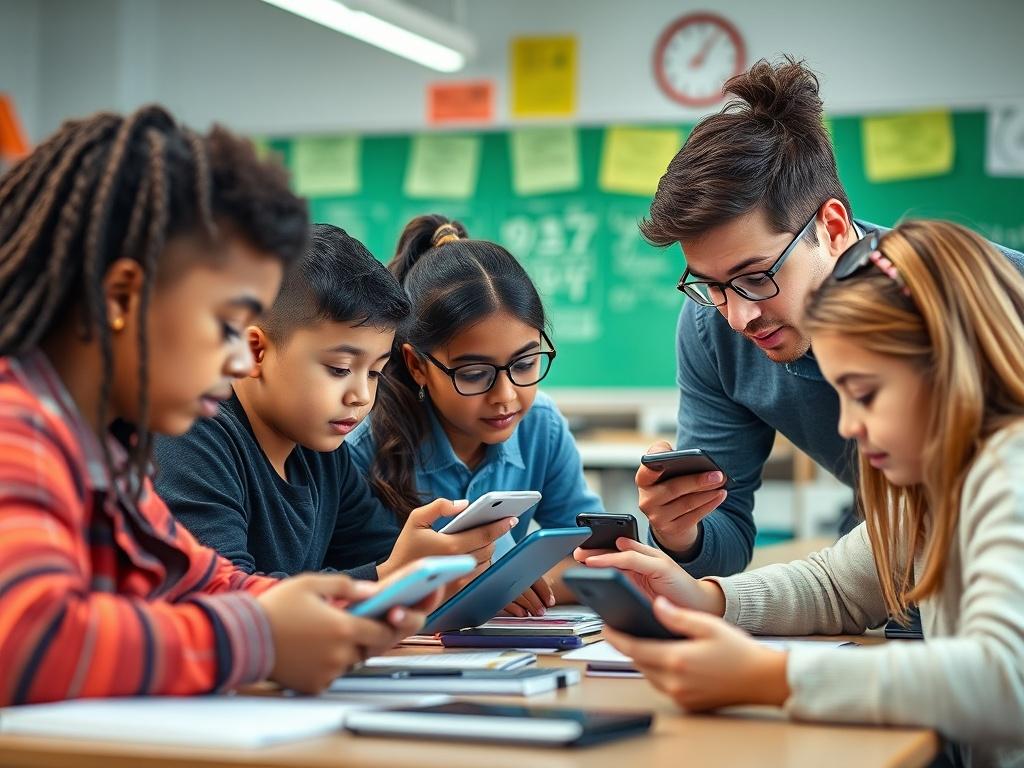 A realistic high-resolution photo of a modern classroom setting with students engaged in a mobile device training session. The image should focus on a diverse group of students working on Android and iPhone devices, with a teacher guiding them. The background should be bright and inviting, featuring educational materials and technology tools. The composition should highlight the interaction between the students and the teacher in a clear and engaging manner.