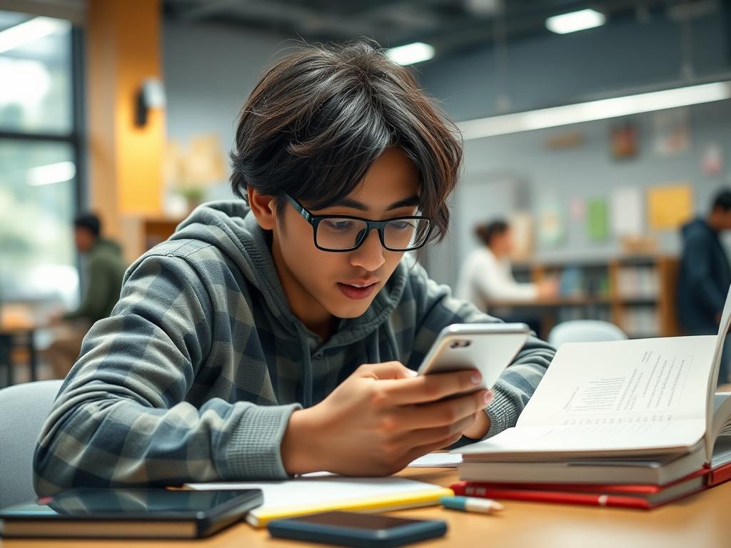 A close-up shot of a student working diligently on a smartphone in a tech-savvy environment. The student should appear focused and engaged, with various mobile devices and learning materials surrounding them, illustrating an atmosphere of active learning.