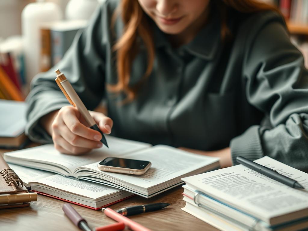 A close-up shot of a student studying with a notebook and smartphone in front of them, surrounded by textbooks and stationery. The background is softly blurred, emphasizing the focused study environment. The image should be hyper-realistic, highlighting the dedication and organization involved in the learning process.