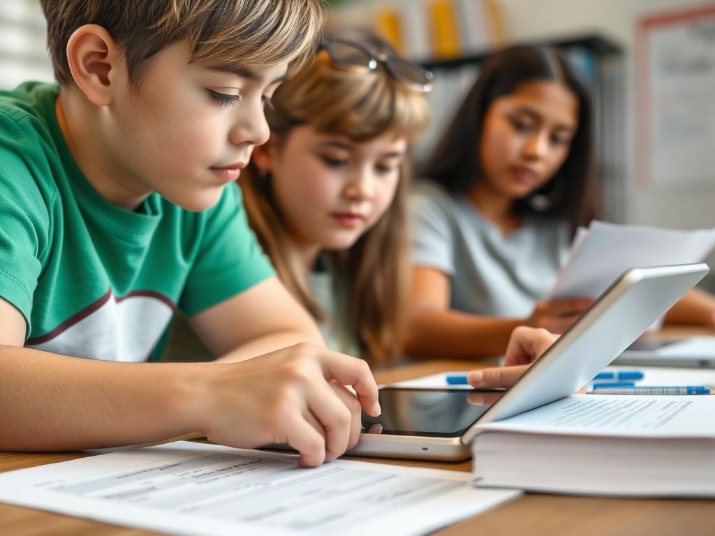 A close-up shot of a student taking a digital quiz on a tablet, with focused expressions and assessment materials nearby. The background should convey a sense of concentration and a supportive learning environment.