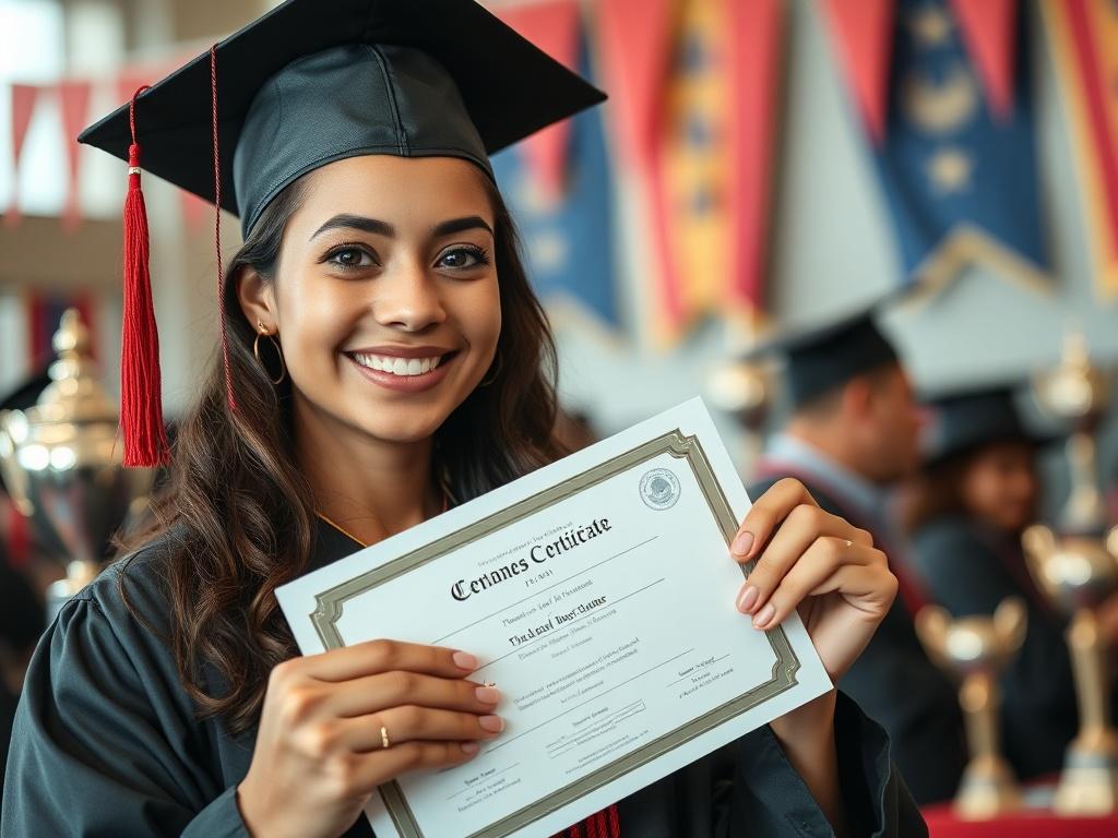 A close-up shot of a proud graduate holding their certification, smiling with confidence. The background should feature a celebratory atmosphere, perhaps with trophies or banners, reflecting a sense of achievement and accomplishment.