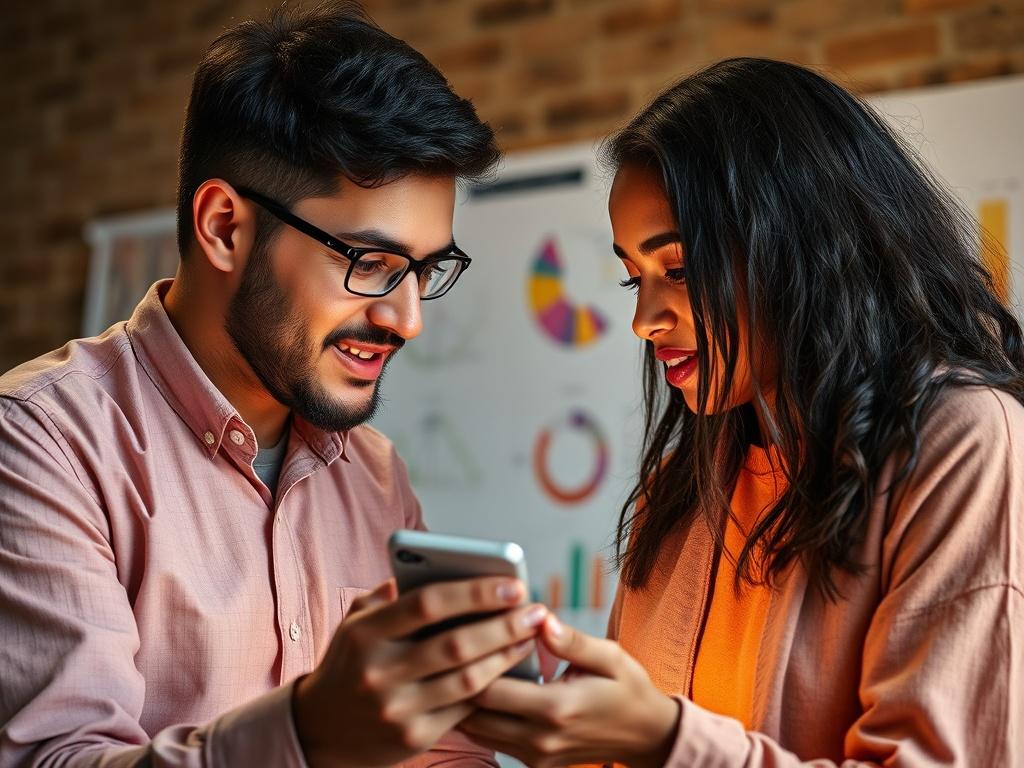 A close-up shot of a mentor and a student discussing over a smartphone, with visual aids like charts and diagrams in the background. The image should capture a collaborative atmosphere, radiating warmth and encouragement. The photo should be hyper-realistic, reflecting a nurturing learning environment.