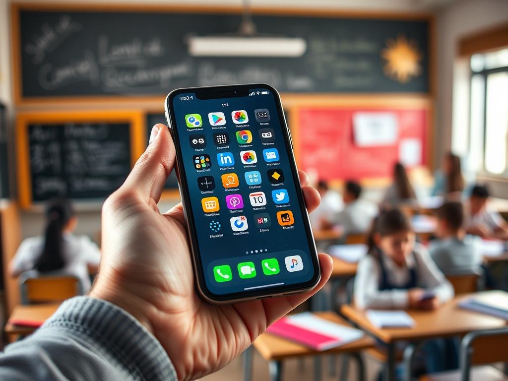 A close-up shot of a smartphone in a person's hand, displaying various app icons on the screen. The background showcases a blurred classroom setting with a chalkboard and students engaged in learning. The image should be hyper-realistic and vibrant, capturing the essence of learning and technology.