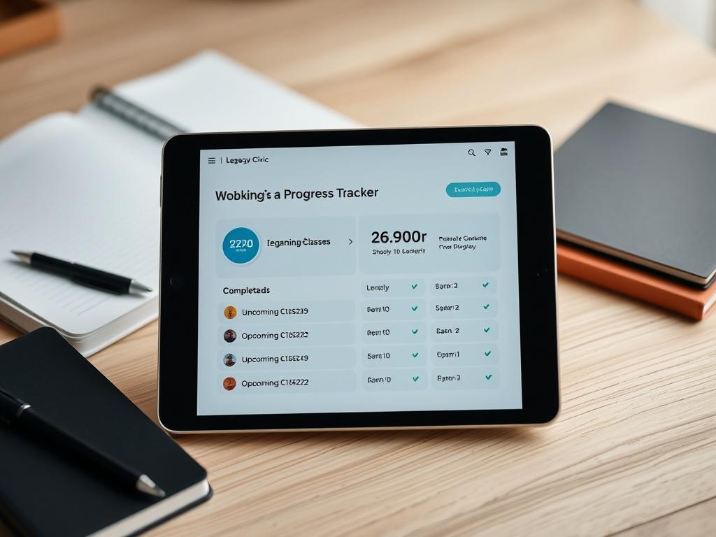 A close-up shot of a tablet displaying a digital progress tracker, showcasing completed and upcoming classes in the Legacy Civic program. The device is set against a backdrop of study materials, such as notebooks and pens. Soft lighting enhances the focus on the tablet screen while maintaining a cozy study atmosphere. The image captures the essence of organized learning and personal growth, with the primary color rgb(2, 86, 197) subtly integrated into the design.
