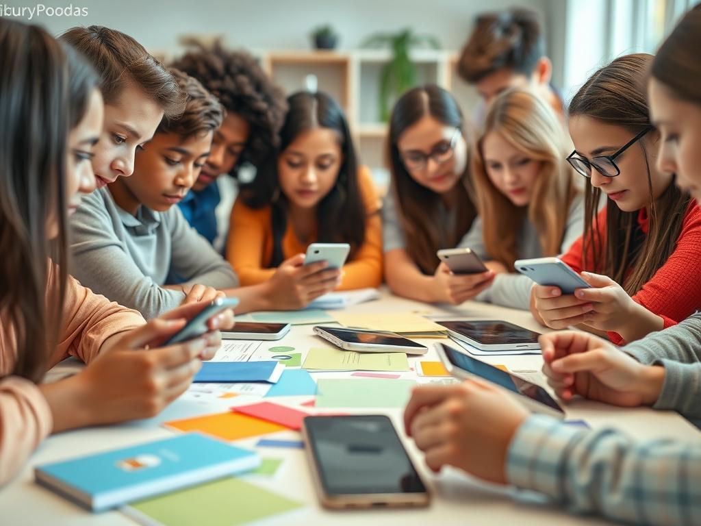 A close-up shot of a diverse group of students engaged in a mobile device workshop, surrounded by Android and iPhone devices. The setting is bright and inviting, with colorful learning materials scattered on the table. The students appear focused and collaborative, highlighting interaction and learning. The atmosphere conveys a sense of empowerment and curiosity, with a soft-focus background emphasizing the educational environment. The image should reflect the primary color rgb(2, 86, 197).