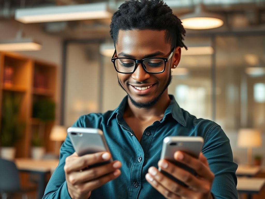 A close-up shot of a confident individual using their smartphone in a professional setting. The background features a modern office with bright lighting, reflecting productivity. The person appears engaged and focused, showcasing their mastery of the device. The image captures a moment of success and empowerment, symbolizing the positive outcomes of completing the Legacy Civic program. The primary color rgb(2, 86, 197) is subtly included in the office decor.