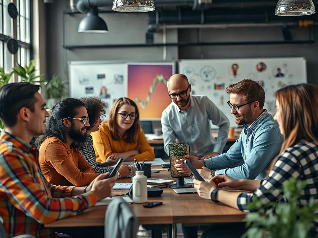 A high-resolution image depicting a dynamic brainstorming session among a diverse group of creative professionals collaborating on mobile application ideas, with vibrant colors and an inspiring workspace atmosphere.