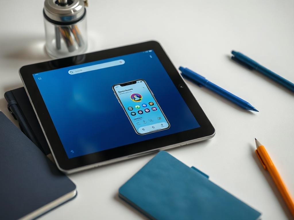 A high-resolution image showcasing a sleek educational tablet displaying a mobile app interface, surrounded by study materials like notebooks and pens, with a clean, minimalistic background. The colors should align with the branding, featuring shades of blue and white.