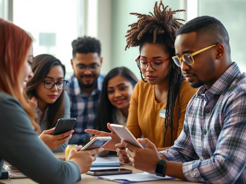 A high-resolution image of a professional setting with a group of diverse individuals engaged in a mobile technology workshop, showcasing interaction and collaboration. The background should be bright and inviting, emphasizing a learning environment.