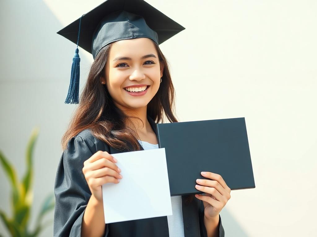 A high-resolution photo featuring a proud graduate holding their diploma, smiling brightly. The background should be a simple and clean outdoor setting, showcasing a hint of greenery while maintaining a minimalist aesthetic. The focus should be entirely on the graduate, with soft natural lighting to enhance the joyful expression.