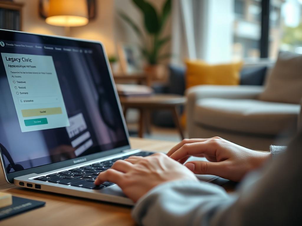 An image of a person filling out an online application form on a laptop. The focus is on their hands typing, with the screen displaying the Legacy Civic application page. The background is a comfortable home office setting, emphasizing a relaxed and professional atmosphere. The photo is captured with a 45mm f/1.2 lens for a clear focus.