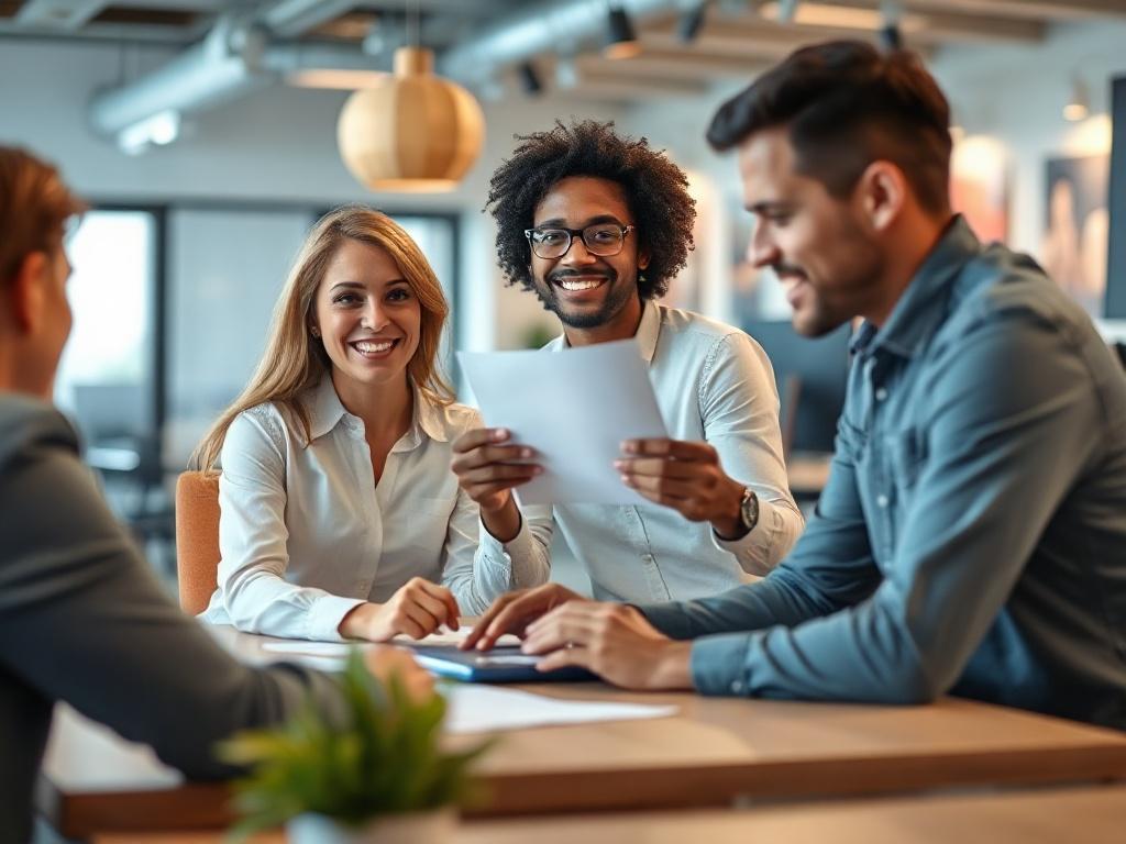 A well-lit office environment with a diverse group of professionals collaborating around a table. The focus is on a smiling individual presenting a document, symbolizing teamwork and opportunity. The background depicts a modern workspace with computers and vibrant decor. The image is captured with a 45mm f/1.2 lens style to emphasize clarity and detail.