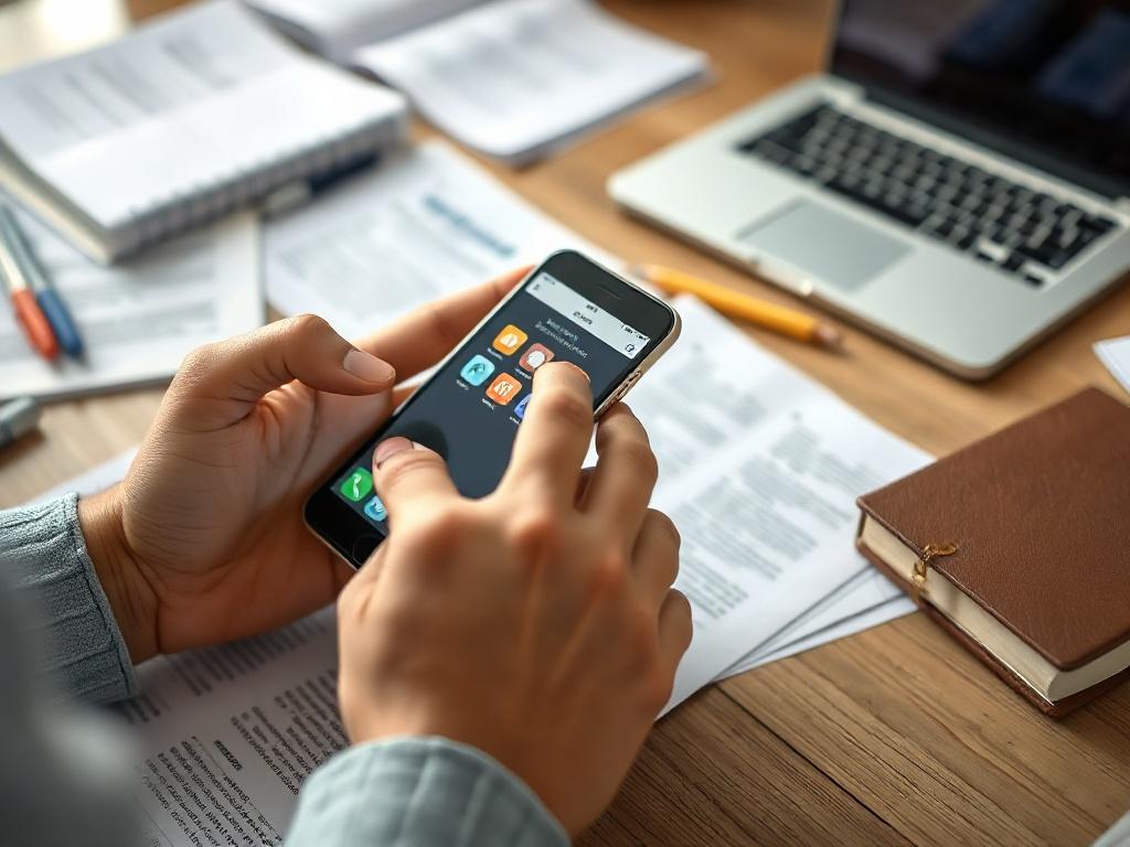 A close-up shot of a smartphone being used in a learning environment. The focus is on a person’s hands navigating through an educational app, surrounded by study materials. The background includes a desk with notes and a laptop, symbolizing active learning. The image is shot with a 45mm f/1.2 lens for enhanced detail.