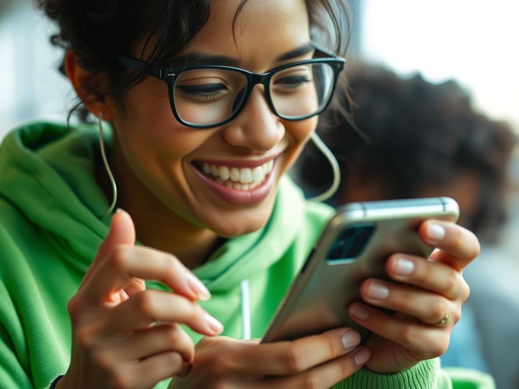 A close up shot of a person happily interacting with