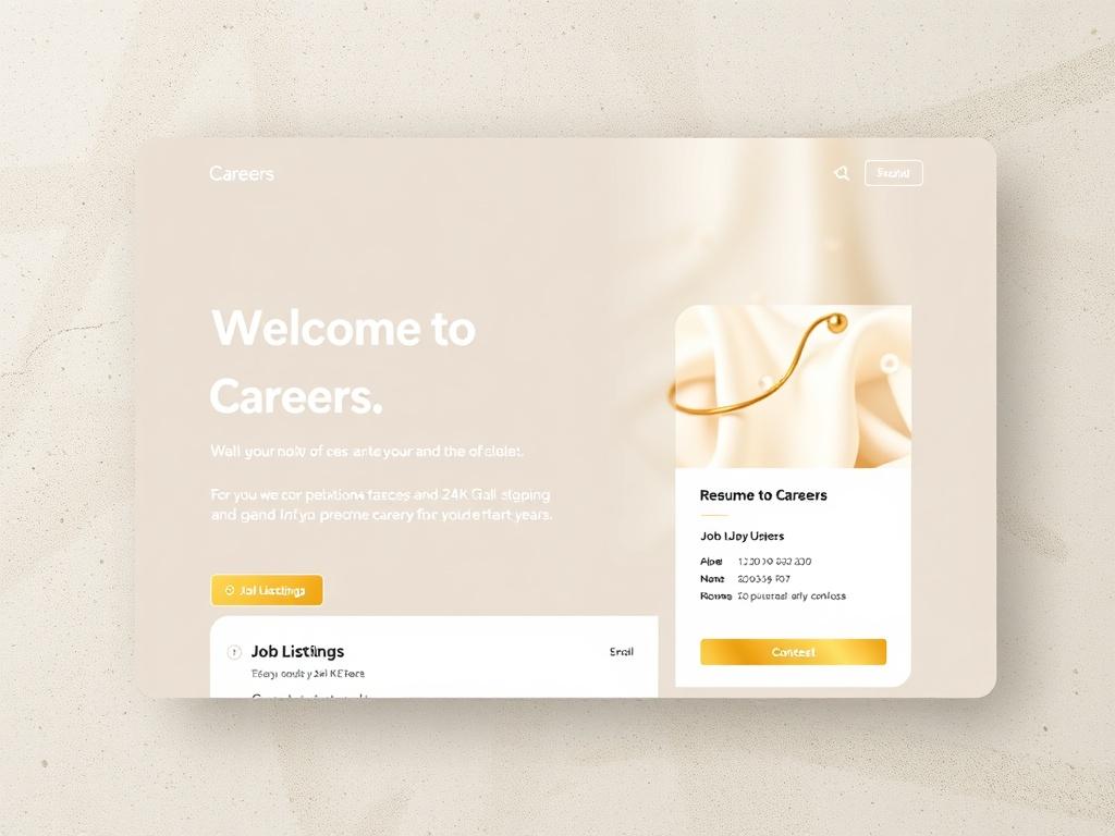 A high-resolution photo depicting a modern and elegant careers webpage design featuring a hero section with a welcoming message. The layout showcases job listings, with an emphasis on a resume upload section. The overall design should reflect a luxurious 24K gold and white branding style, creating a sense of professionalism and warmth, set against a subtle textured background.
