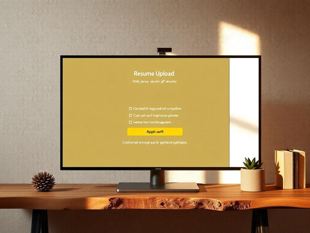 An inviting image showing a user-friendly resume upload interface on a digital screen, emphasizing simplicity and efficiency. The design should incorporate elements of 24K gold and white branding, reflecting a professional and elegant aesthetic. Include a visual representation of an automated confirmation message appearing on the screen, conveying a sense of immediacy and satisfaction for applicants.