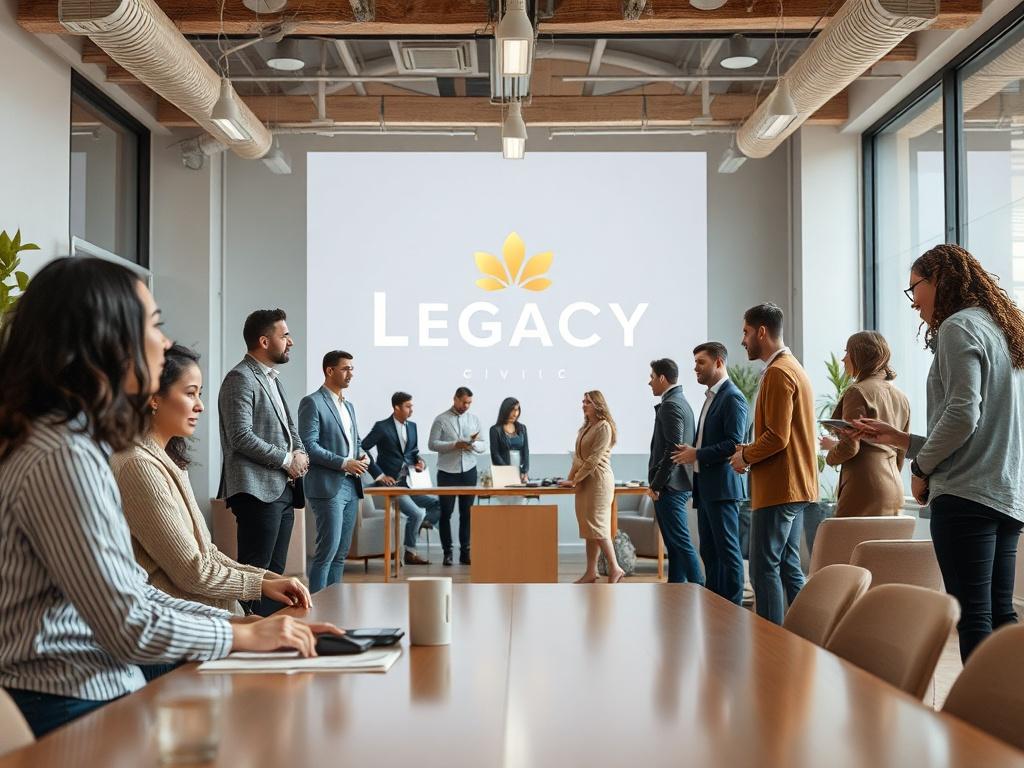 A high-resolution image of a diverse group of professionals collaborating in a bright and modern office space. The atmosphere should convey teamwork and innovation, with elements of 24K gold and white branding subtly integrated into the design. The background should feature a clear view of the Legacy Civic logo, reinforcing the brand's commitment to professionalism and excellence.
