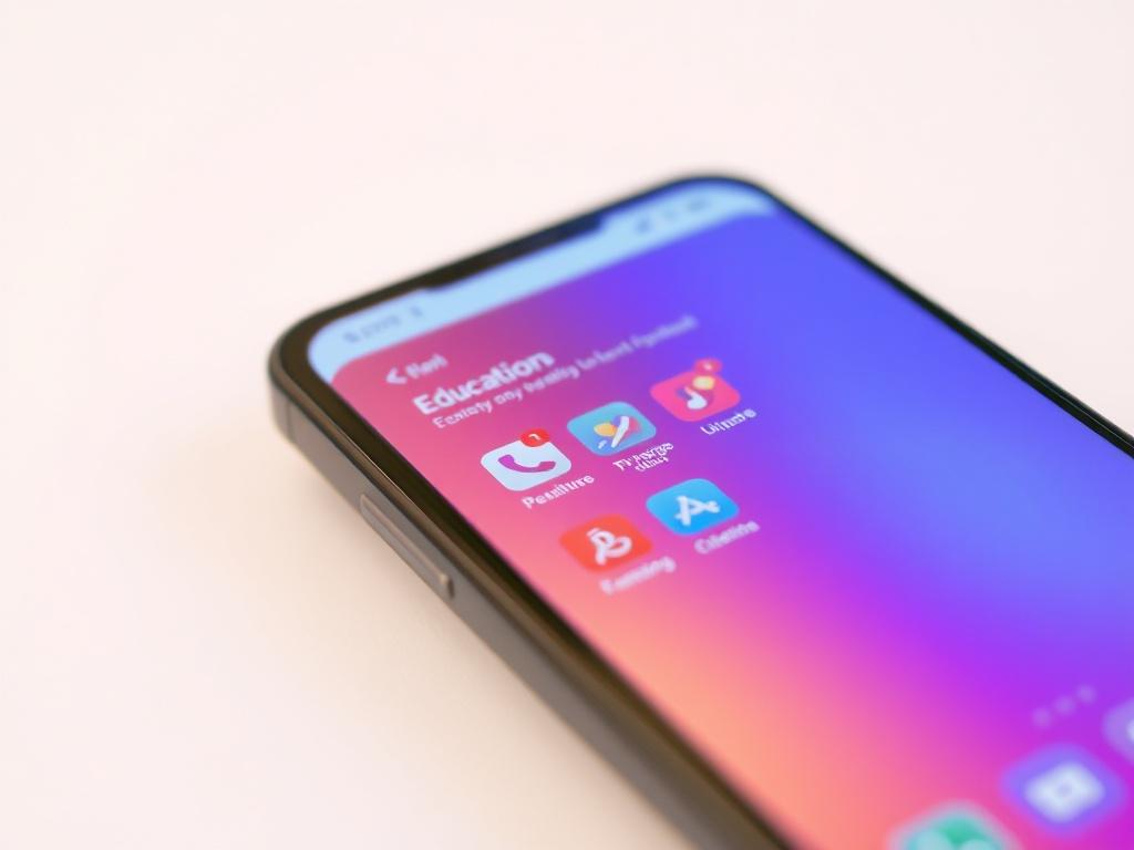 A close-up shot of a modern smartphone displaying an educational app interface, set against a clean, simple background. The image should capture the essence of learning and technology, focusing on the phone screen with vibrant colors. Use high-resolution, hyper-realistic rendering, emphasizing detail and clarity.
