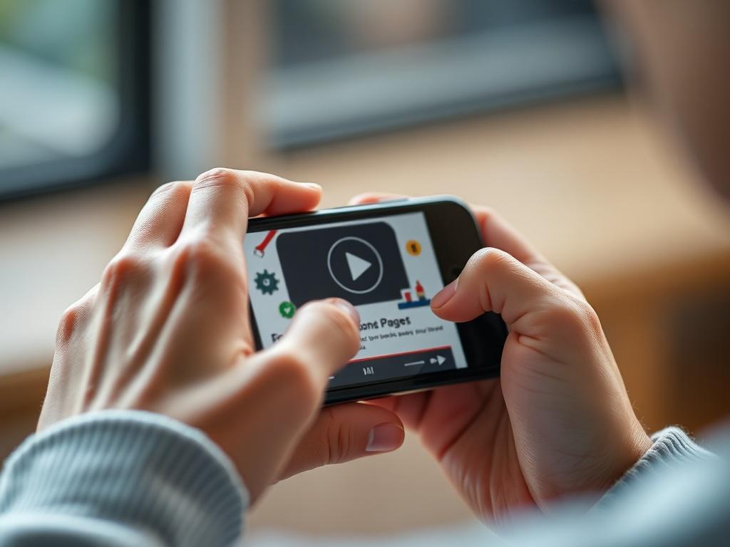 A close-up shot of a person holding a smartphone with a tutorial video playing on the screen. The background should be softly blurred to focus on the phone, highlighting the action of learning through technology. Use high-resolution, hyper-realistic rendering, capturing details vividly.