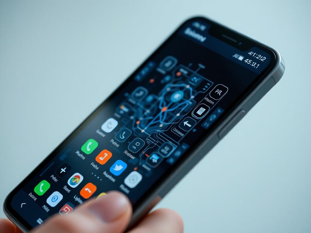 A close-up shot of a smartphone showcasing a complex mobile interface, symbolizing advanced skills. The background should be minimalistic and professional, conveying a sense of expertise and sophistication. Use high-resolution, hyper-realistic rendering, ensuring clarity and detail.