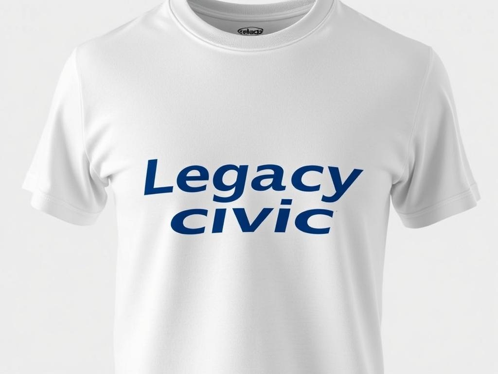 A realistic high-resolution close-up shot of a cotton T-Shirt featuring the Legacy Civic logo on the front. The T-Shirt is displayed against a simple white background, highlighting its design and fabric texture, shot with a 45mm f/1.2 lens.