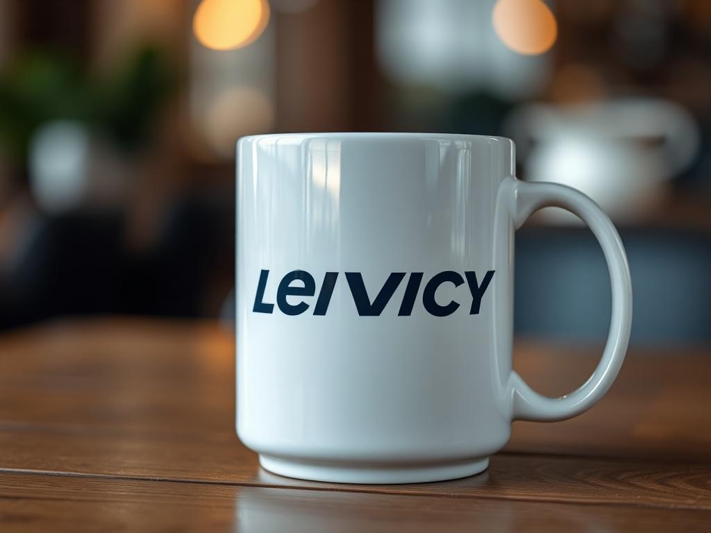 A realistic high-resolution close-up shot of a ceramic coffee mug displaying the Legacy Civic logo. The mug is placed on a wooden table with a soft-focus background, emphasizing its design and glossy finish, shot with a 45mm f/1.2 lens.