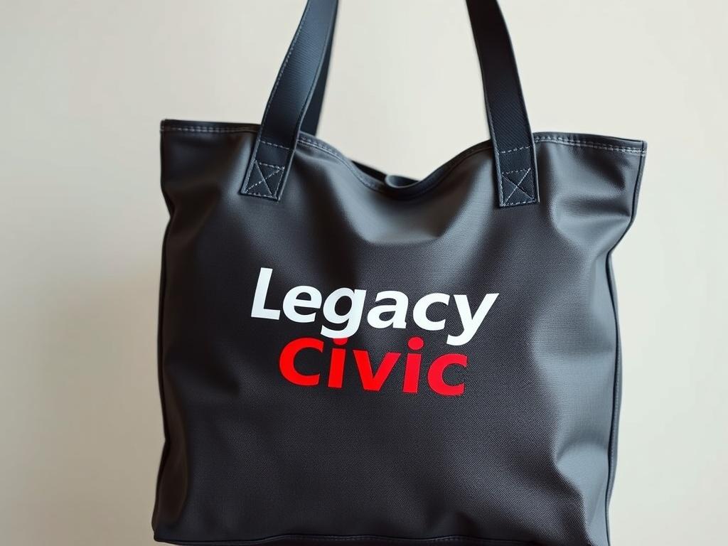 A realistic high-resolution close-up shot of a durable tote bag with the Legacy Civic logo displayed prominently. The tote is shown against a neutral backdrop, highlighting its spacious design and sturdy straps, shot with a 45mm f/1.2 lens.