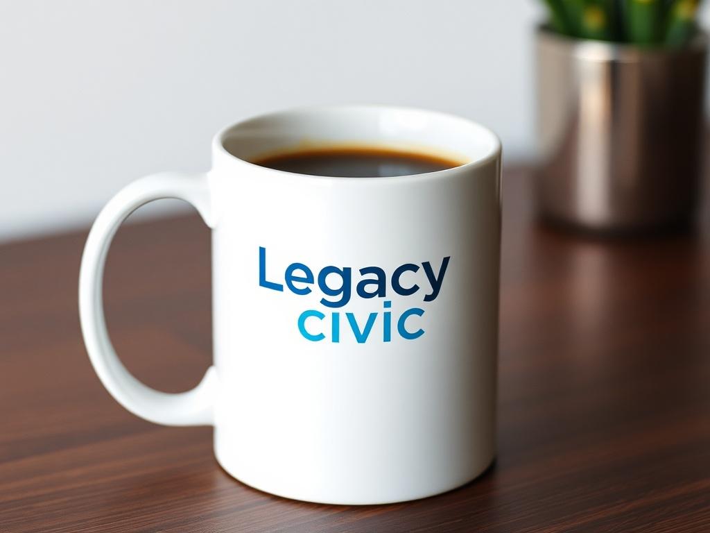 A realistic close-up shot of a ceramic mug with the Legacy Civic logo prominently displayed. The mug is filled with a hot beverage and set against a simple background that highlights its features, captured with a 45mm f/1.2 lens.