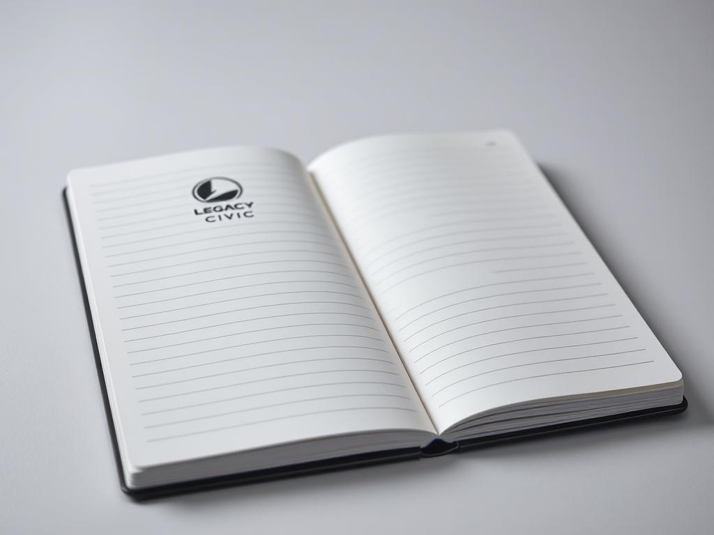 A close-up shot of an A5 notebook with a sleek cover featuring the Legacy Civic logo. The notebook is open, showcasing lined pages against a clean background, captured with a 45mm f/1.2 lens.