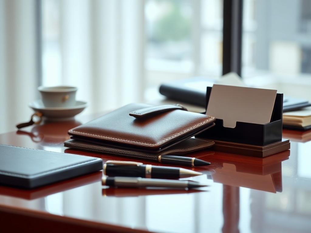 An elegant executive accessory kit displayed on a polished desk. The kit includes a leather wallet, a stylish pen, and a business card holder. The setting should be professional yet inviting, with soft lighting that highlights the craftsmanship and details of each accessory.