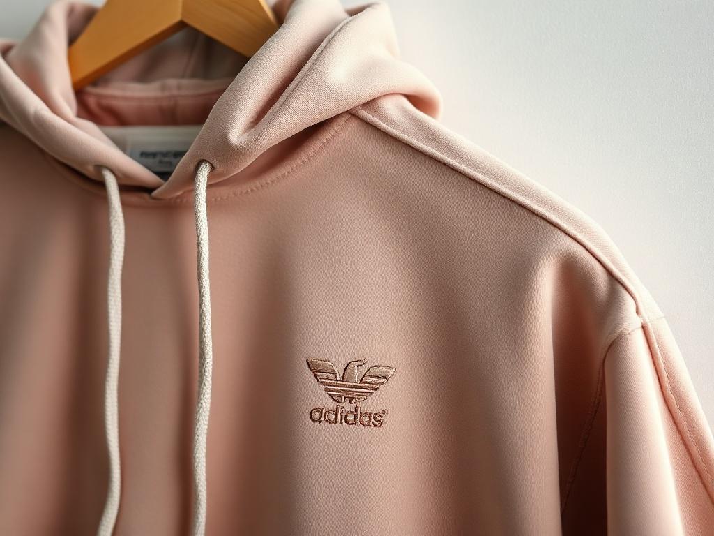 A close-up shot of a stylish hoodie featuring an embroidered logo. The hoodie is displayed hanging on a simple, neutral background, showcasing its soft texture and vibrant color. The shot should focus on the logo and fabric details, with soft lighting that highlights the quality of the garment.