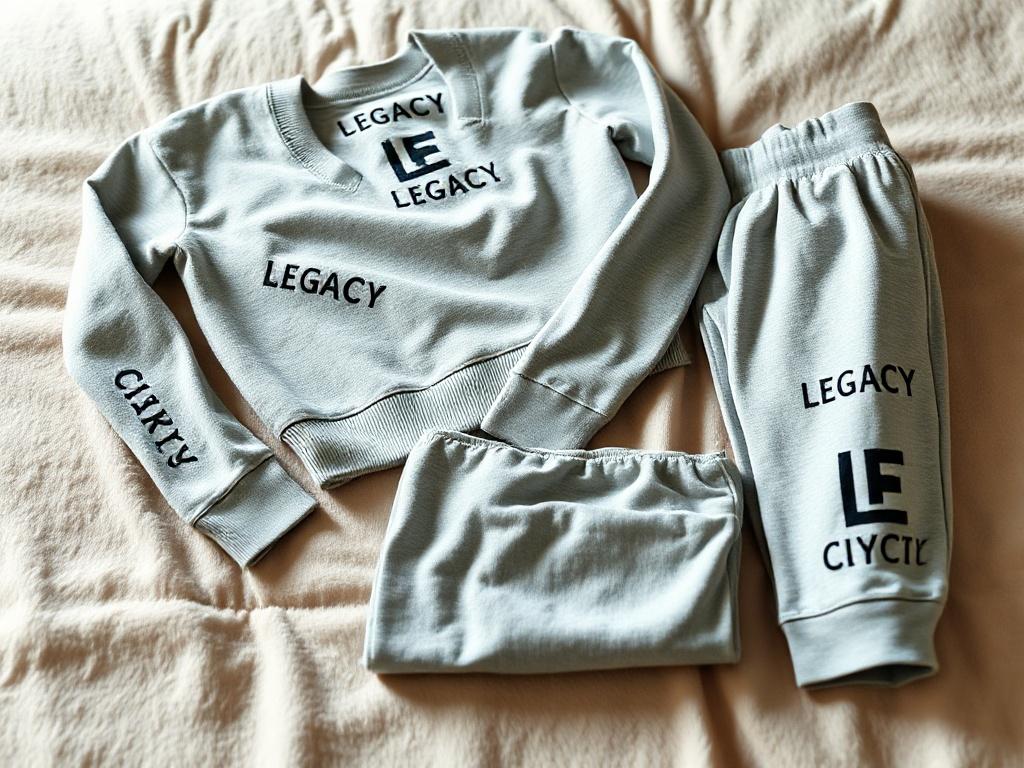 A cozy loungewear set displayed on a soft, textured surface. The set includes a stylish top and matching bottoms, featuring the Legacy Civic logo subtly integrated into the design. The background should be minimalistic, allowing the details of the fabric and design to shine.