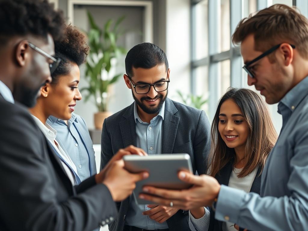A close-up shot of a diverse group of professionals in a modern office setting, focused on a digital device, showcasing collaboration. The background features a bright and contemporary workspace with plants and natural light. The composition emphasizes clarity and professionalism, highlighting the individuals engaged in discussion.