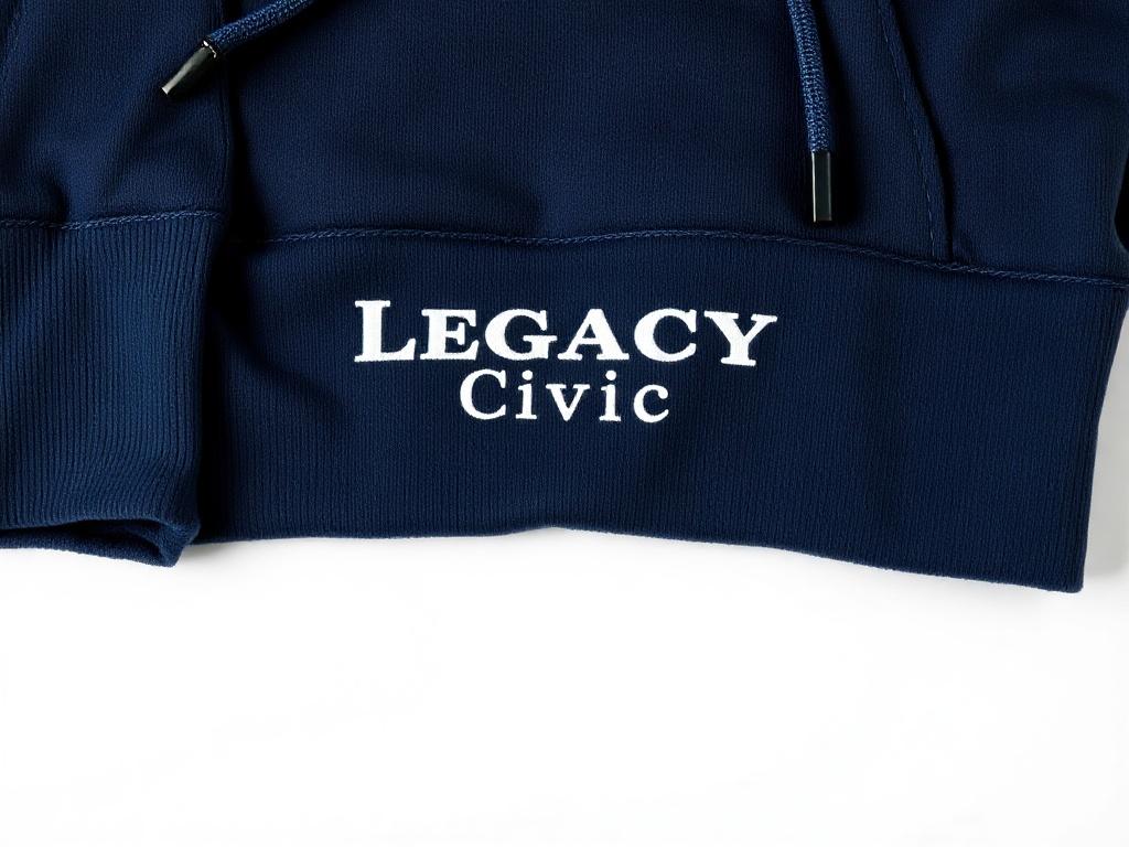 A realistic high-resolution photo of a premium hoodie featuring the Legacy Civic embroidered logo. The hoodie is displayed on a clean, white background, showcasing its modern fit and soft fleece lining. The color of the hoodie is a deep navy blue, highlighting the elegant design. The focus is on the logo and the fabric texture, captured in a close-up shot with a 45mm f/1.2 lens.