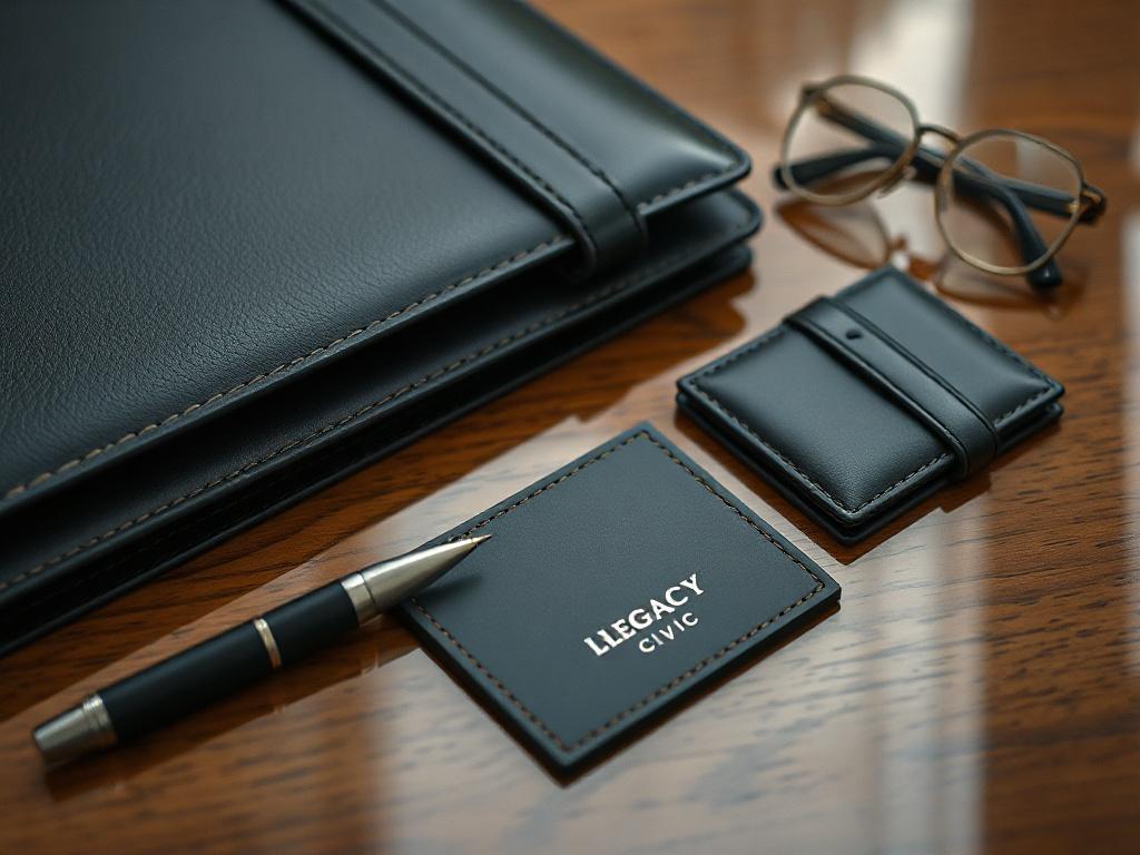 A realistic high-resolution photo of a selection of executive accessories, including a leather portfolio, a sleek pen, and a stylish cardholder. The items are arranged neatly on a polished wooden desk, showcasing the Legacy Civic logo prominently. The focus captures the luxury and quality of the materials, taken in a close-up shot with a 45mm f/1.2 lens.