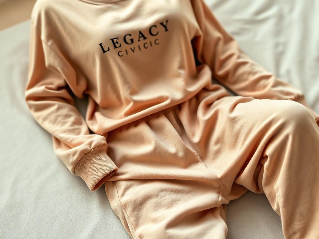A realistic high-resolution photo of a luxury loungewear set featuring a long-sleeve top and joggers. The set is displayed on a soft, neutral background, highlighting the elegant design and embroidered Legacy Civic logo. The fabric appears plush and inviting, captured in a close-up shot with a 45mm f/1.2 lens.
