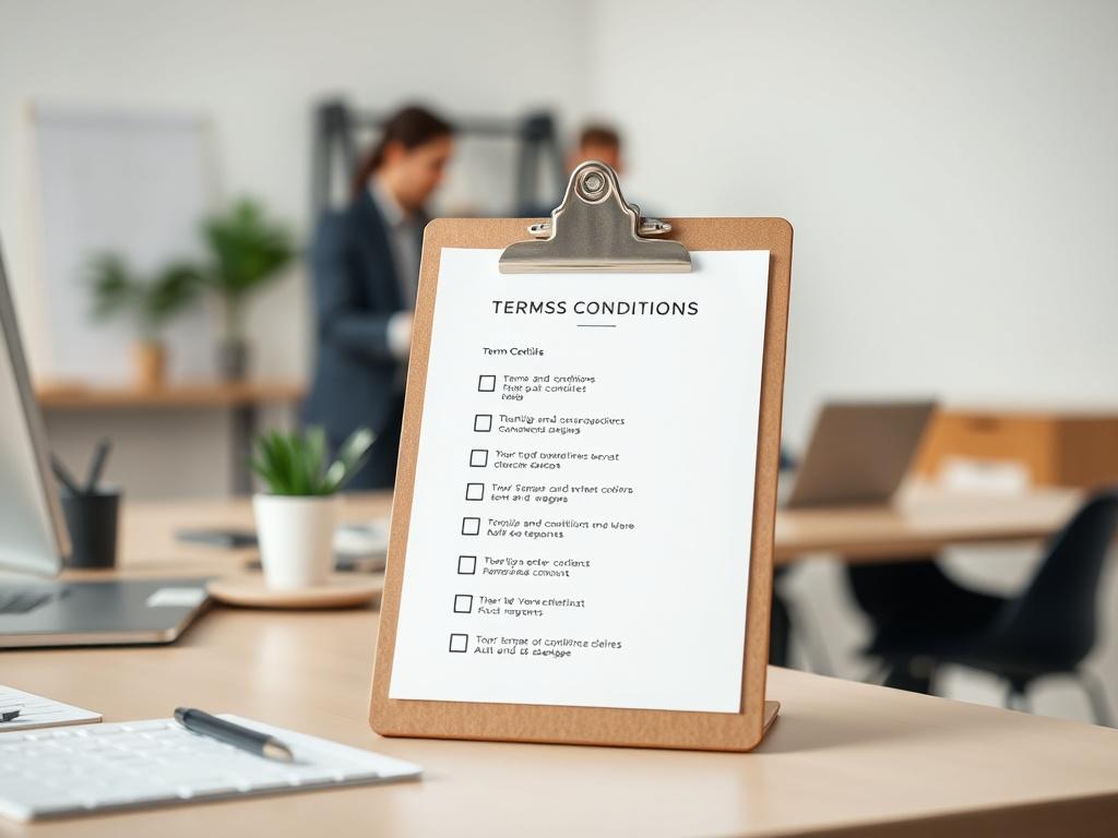 An organized workspace with a checklist on a clipboard, highlighting terms and conditions, with a blurred background of a team collaborating on compliance strategies, emphasizing efficiency and clarity.