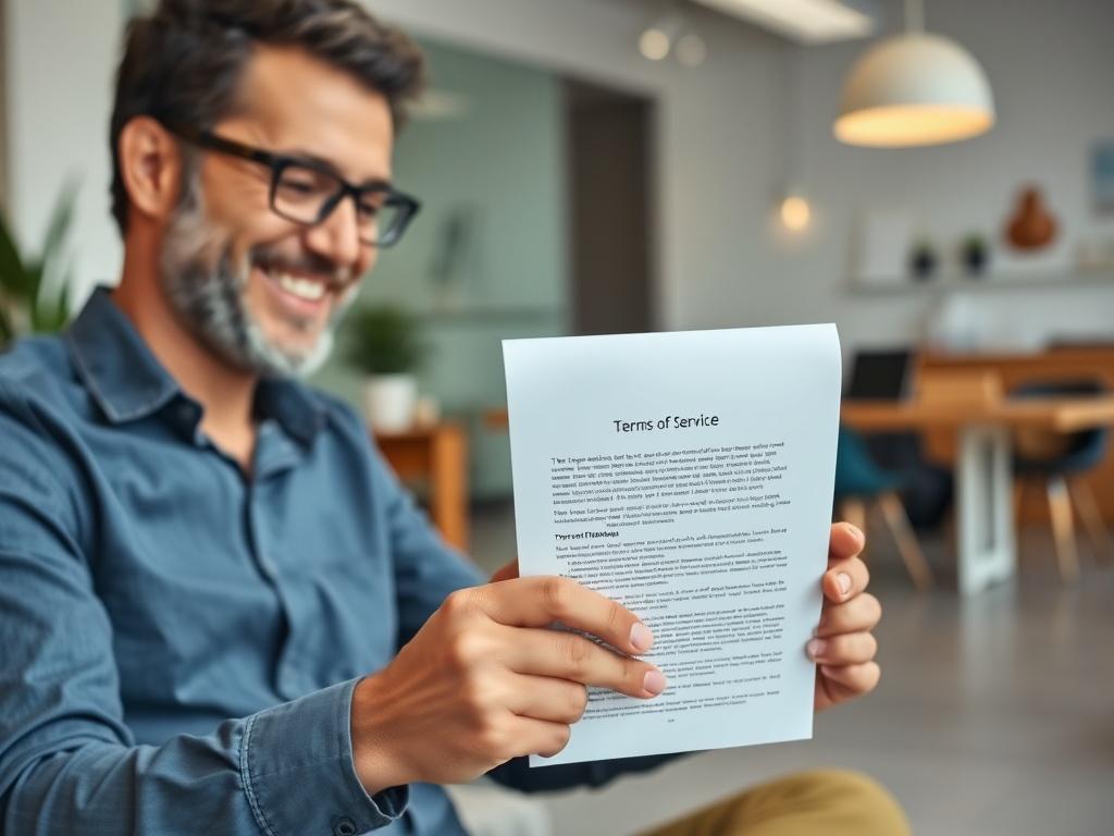 A close-up shot of a satisfied customer reading a Terms of Service document on a tablet, with a background showing a welcoming and modern office environment, conveying trust and professionalism.