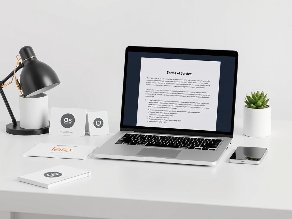 A clean, minimalistic office desk with a laptop displaying a Terms of Service document, surrounded by branding materials like business cards and a logo design, set against a light and airy background that evokes professionalism.