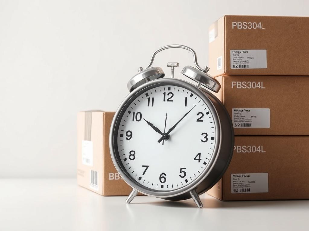 A minimalistic image of a clock with hands pointing to a specific time, placed on a desk alongside shipping boxes. The background is soft and neutral, emphasizing the concept of efficiency and punctuality.