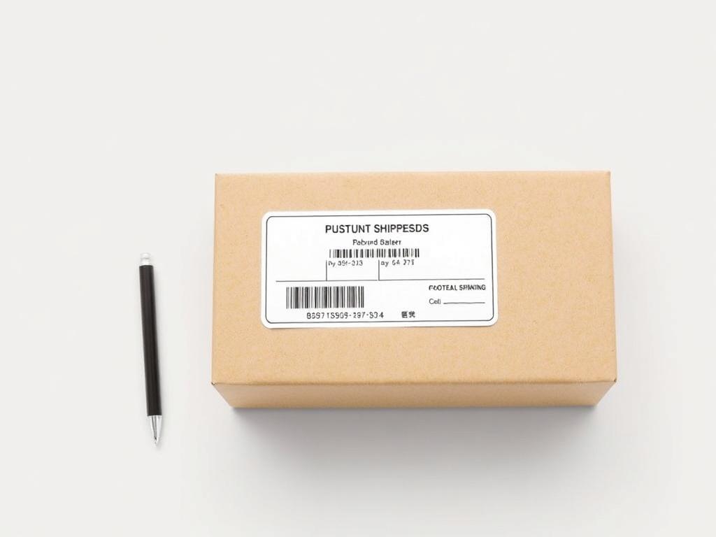 A clean, minimalistic image of a customized shipping label on a box, with a pen beside it. The background is neutral and simple, focusing on the theme of personalized service.