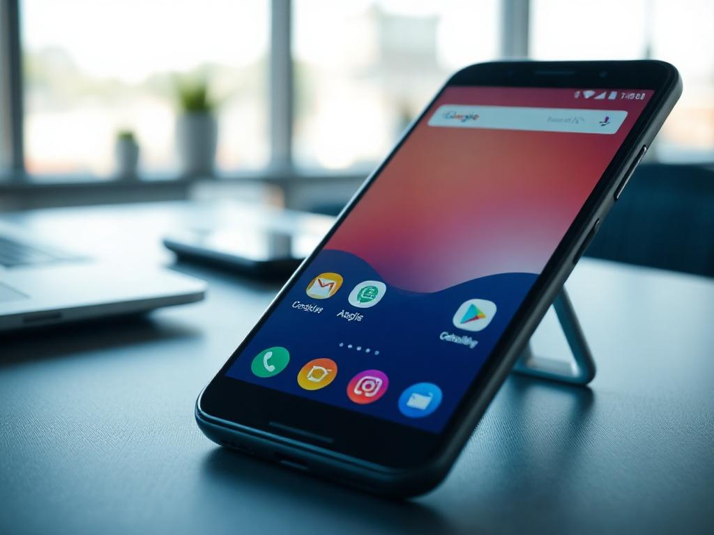 A close-up shot of an Android smartphone on a desk, showcasing various app icons on the home screen. The background should be a softly blurred office environment, with natural lighting highlighting the device. The color palette should incorporate shades of blue to align with Legacy Civic's branding.