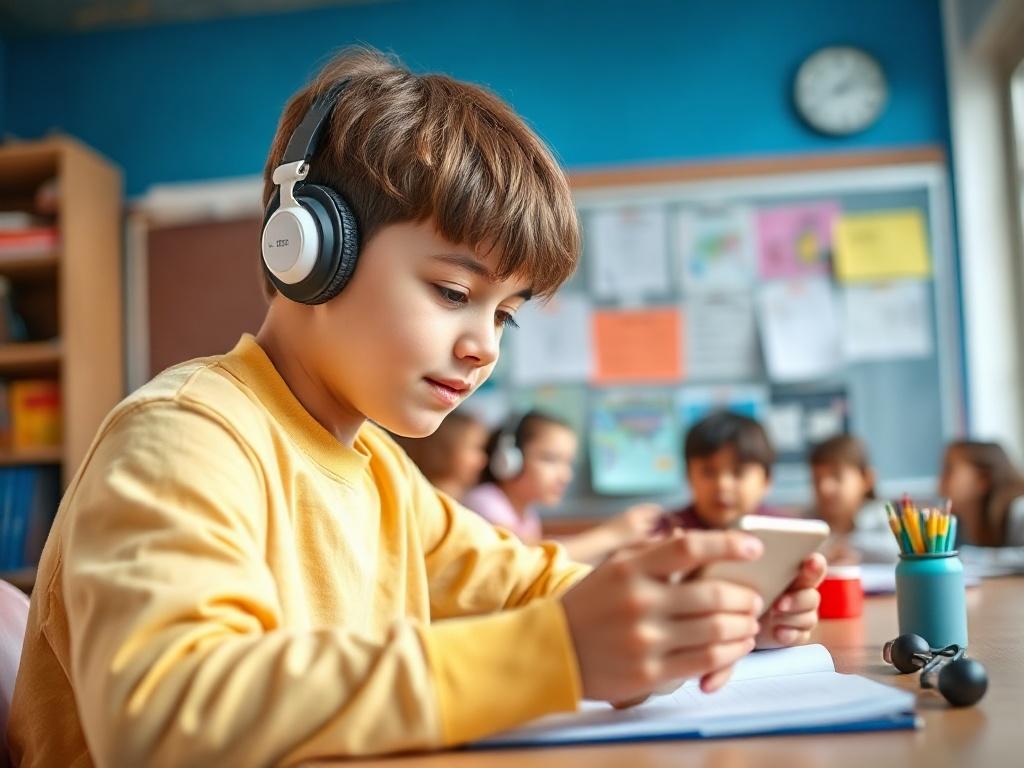 A close-up shot of a student reviewing their progress on a digital device in a learning environment. The setting reflects a modern classroom with educational tools and materials, captured with a 45mm f/1.2 lens to emphasize the student’s engagement and the technology used. The color scheme aligns with the blue color palette #062767.