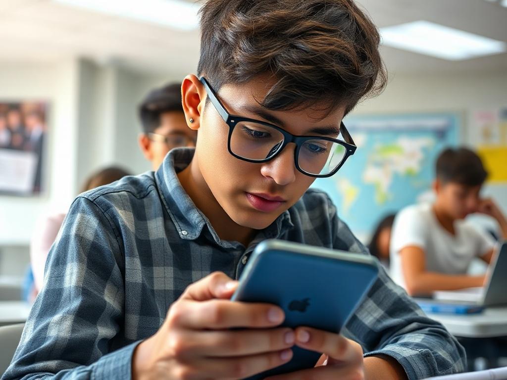 A close-up of a student actively engaged in a mobile device class, focusing on an Android smartphone. The background features a modern classroom environment with technology and learning materials, shot with a 45mm f/1.2 lens, highlighting the student’s concentration and interaction with the device. The overall color scheme complements the primary blue color #062767.