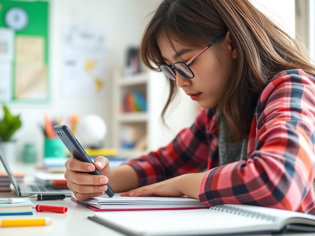 A close-up shot of a student studying with a smartphone and notebook, surrounded by a well-organized workspace with educational materials. The background is bright and inviting, showcasing a sense of focus and determination.
