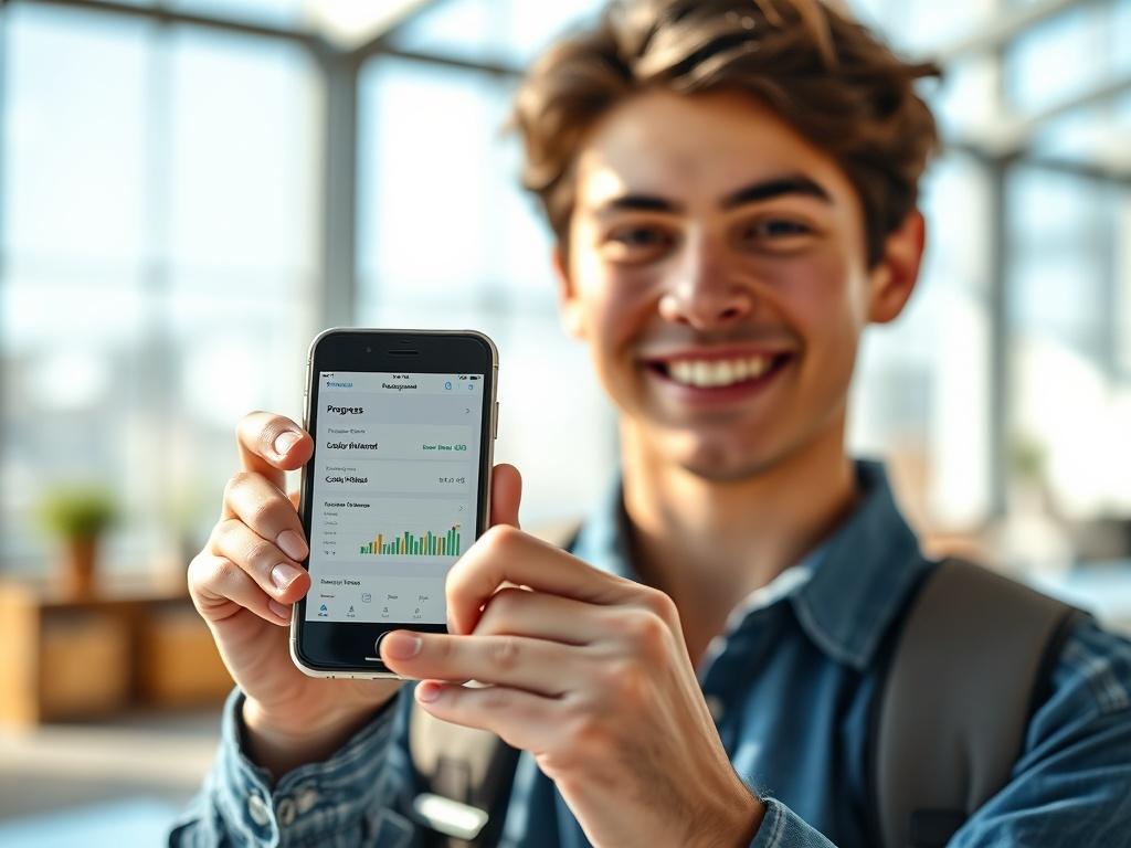 An image of a student proudly displaying a completed assignment on a smartphone, with a visible progress chart in the background. The setting is bright and inspiring, emphasizing achievement and motivation.