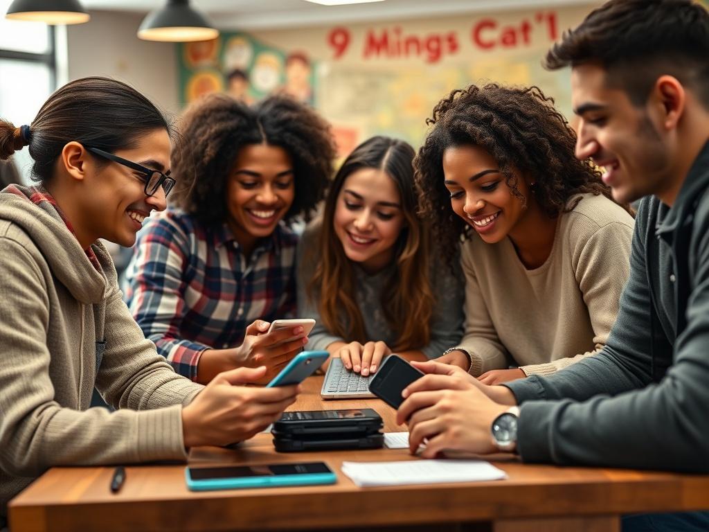 A close-up of a group of diverse students collaborating around a table, sharing ideas on their mobile devices. The background is lively, depicting a supportive and interactive learning environment.