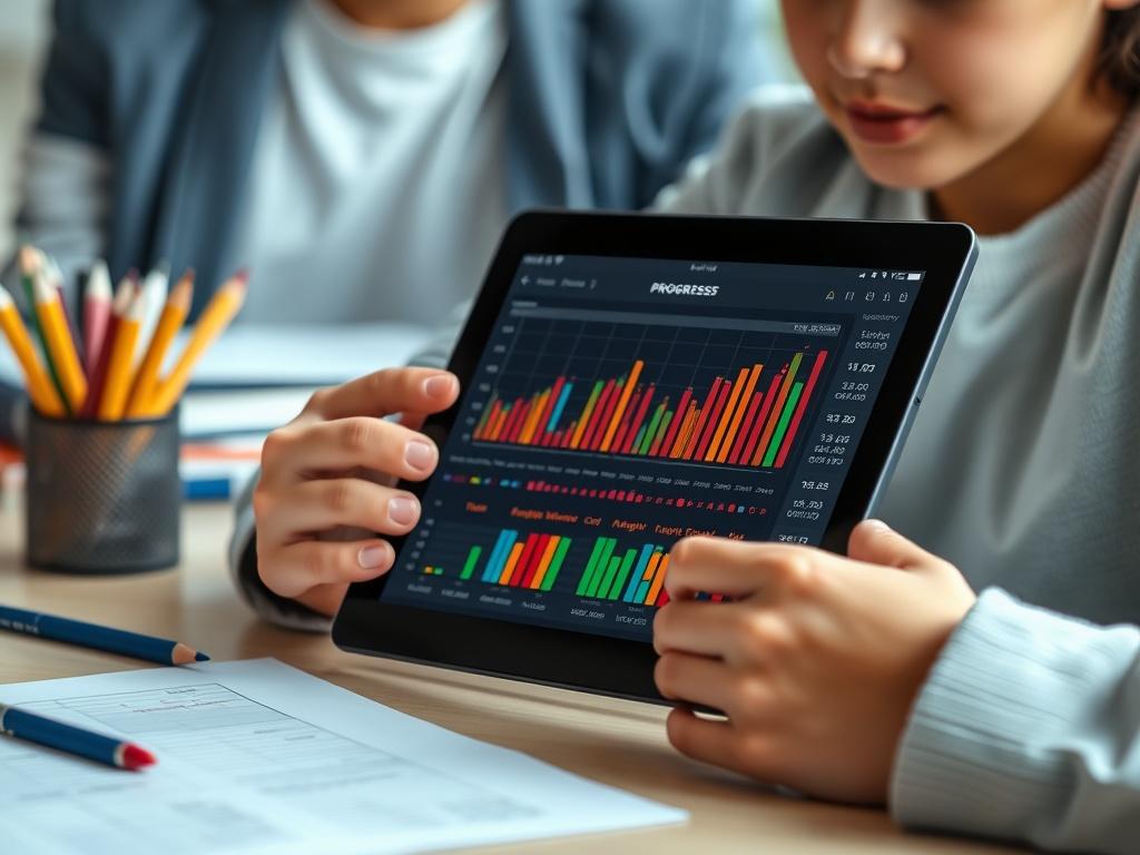A close-up shot of a student reviewing their progress chart on a tablet, with visible graphs and scores displayed. The background features a clean desk with study materials, creating a focused and determined atmosphere for academic success.