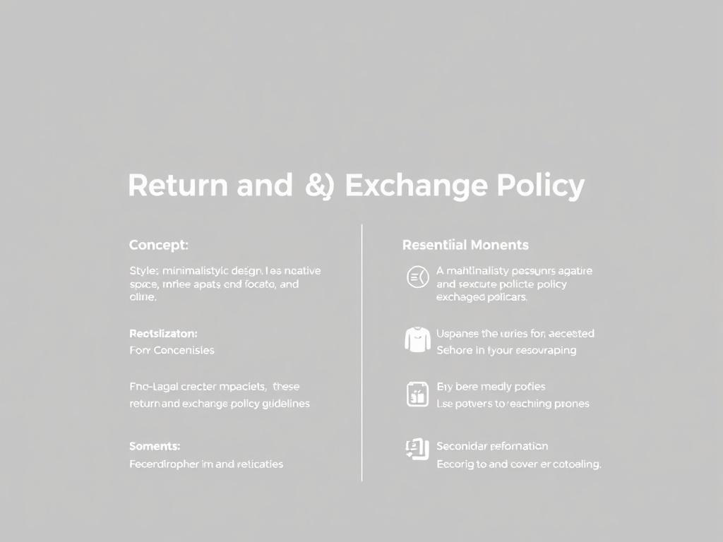 A minimalistic design featuring a clear and concise infographic that outlines return and exchange policy guidelines. The infographic should be visually appealing, using simple colors and icons to convey information without clutter.